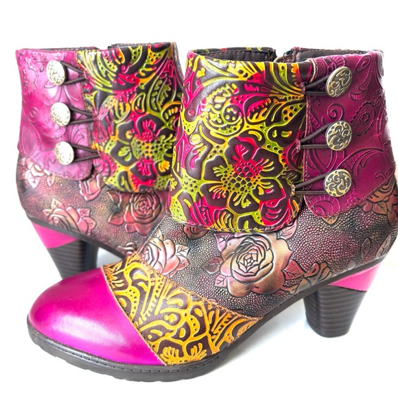Gorgeous Handmade Multicolor Tooled Leather Floral Med Heel Ankle Boots 38 - Picture 8 of 14